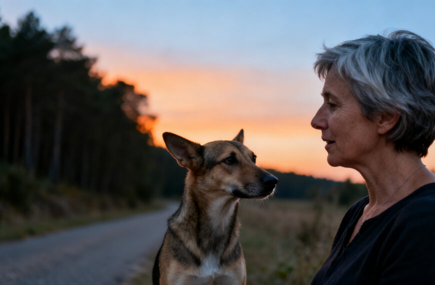 Ältere Frau mit Hund in Abenddämmerung