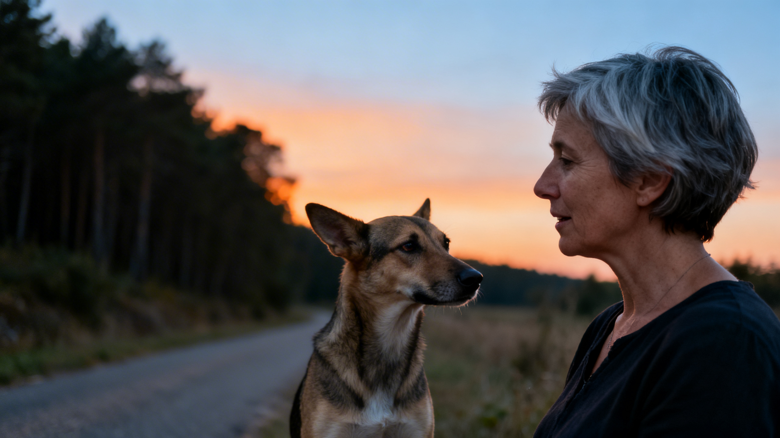 Ältere Frau mit Hund in Abenddämmerung