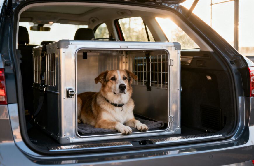 Ein Hund in einer Trasportbox im Auto