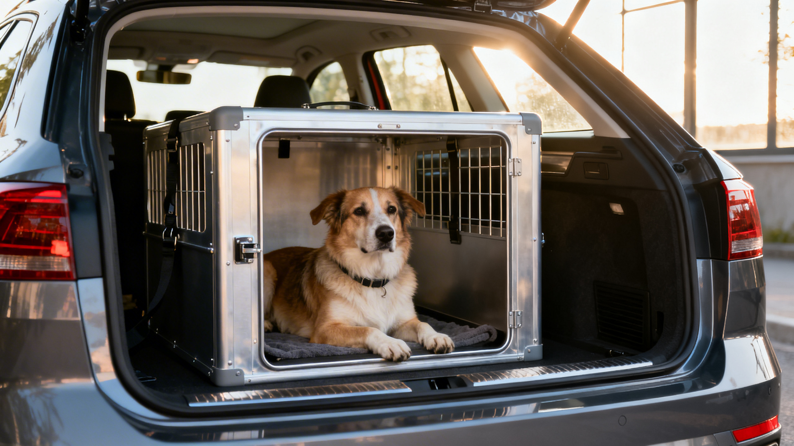 Ein Hund in einer Trasportbox im Auto