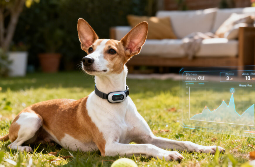 Ein Hund liegt auf der Wiese mit GPS-Tracker