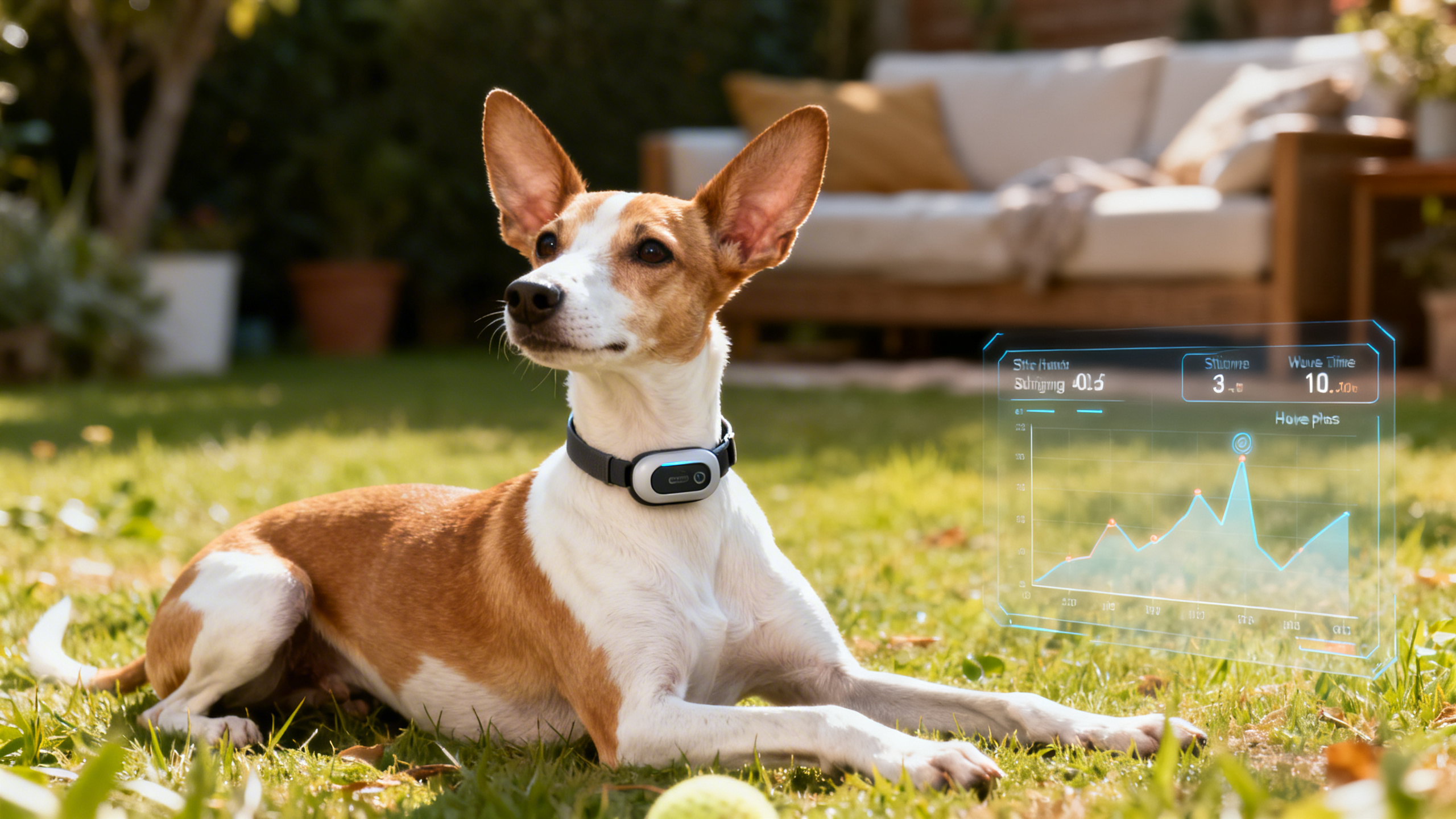 Ein Hund liegt auf der Wiese mit GPS-Tracker