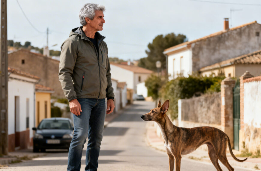 Ein Mann mit einem Hund in einem Dorf