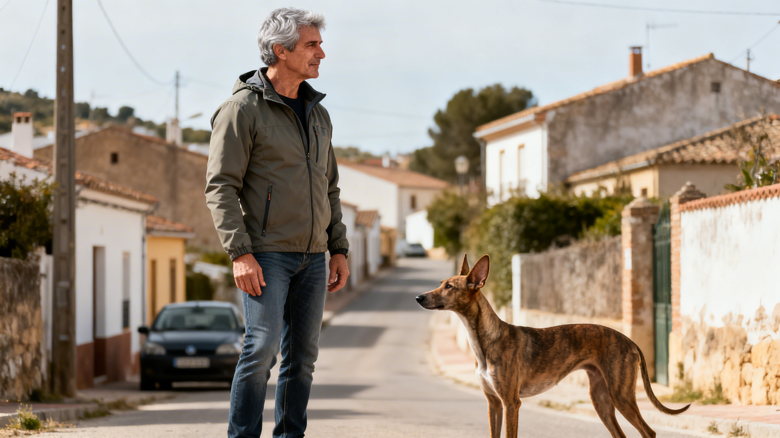 Ein Mann mit einem Hund in einem Dorf