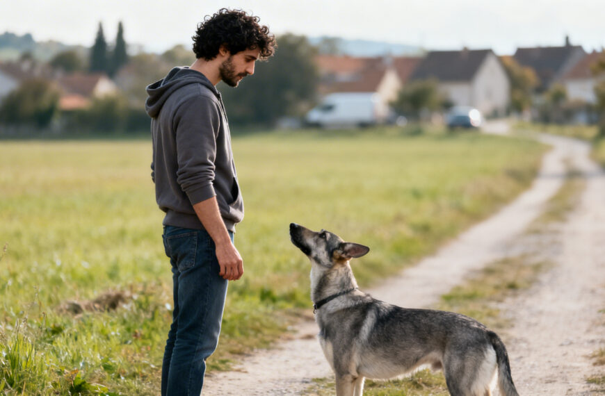 Ein Mann mit einem Hund steht vor einem Dorf