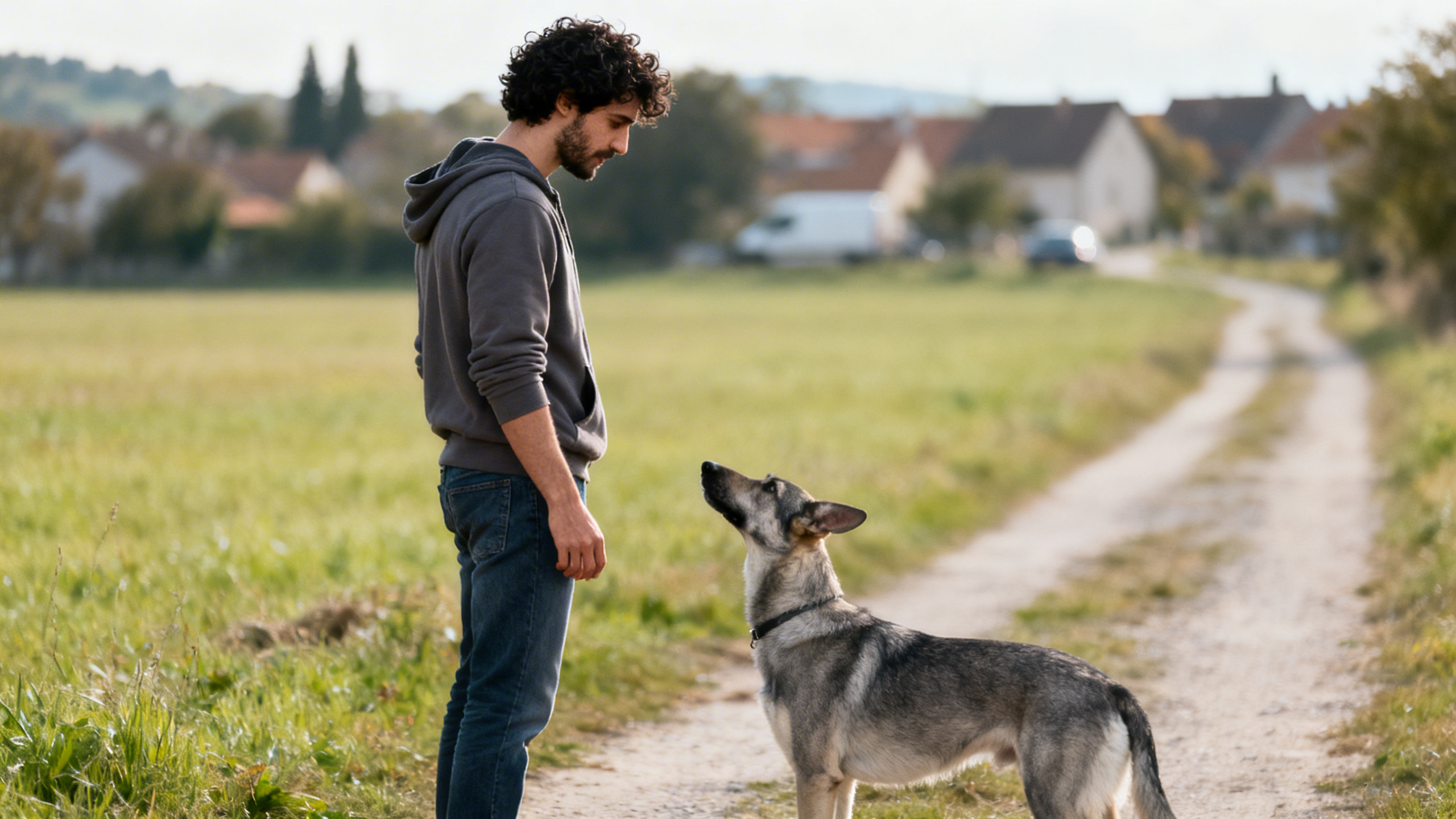 Ein Mann mit einem Hund steht vor einem Dorf