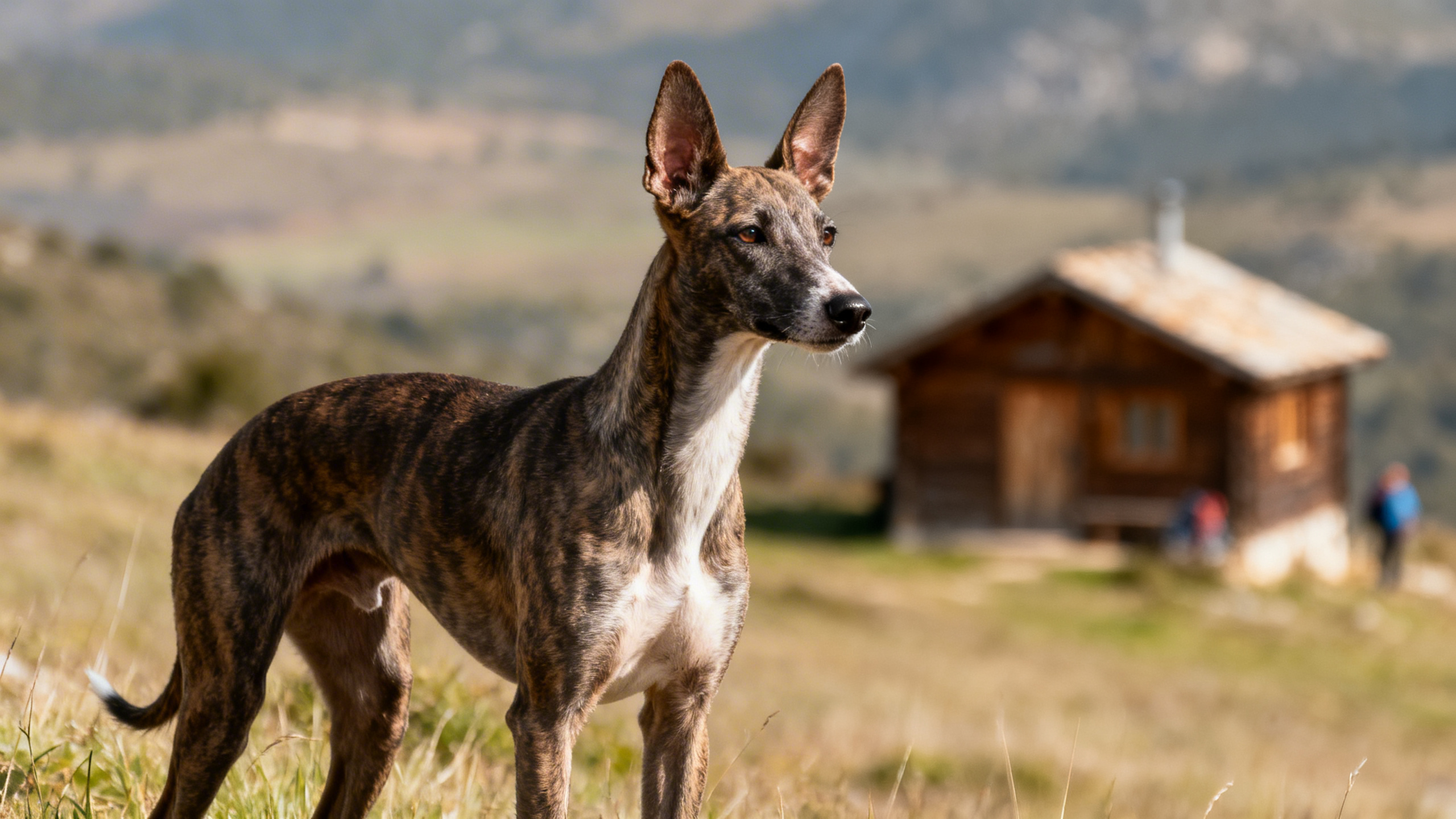 Ein Podenco Andaluz vor einer Blockhütte