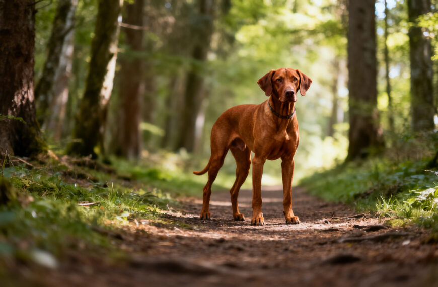 Ein Vizsla Hund im Waldgebiet