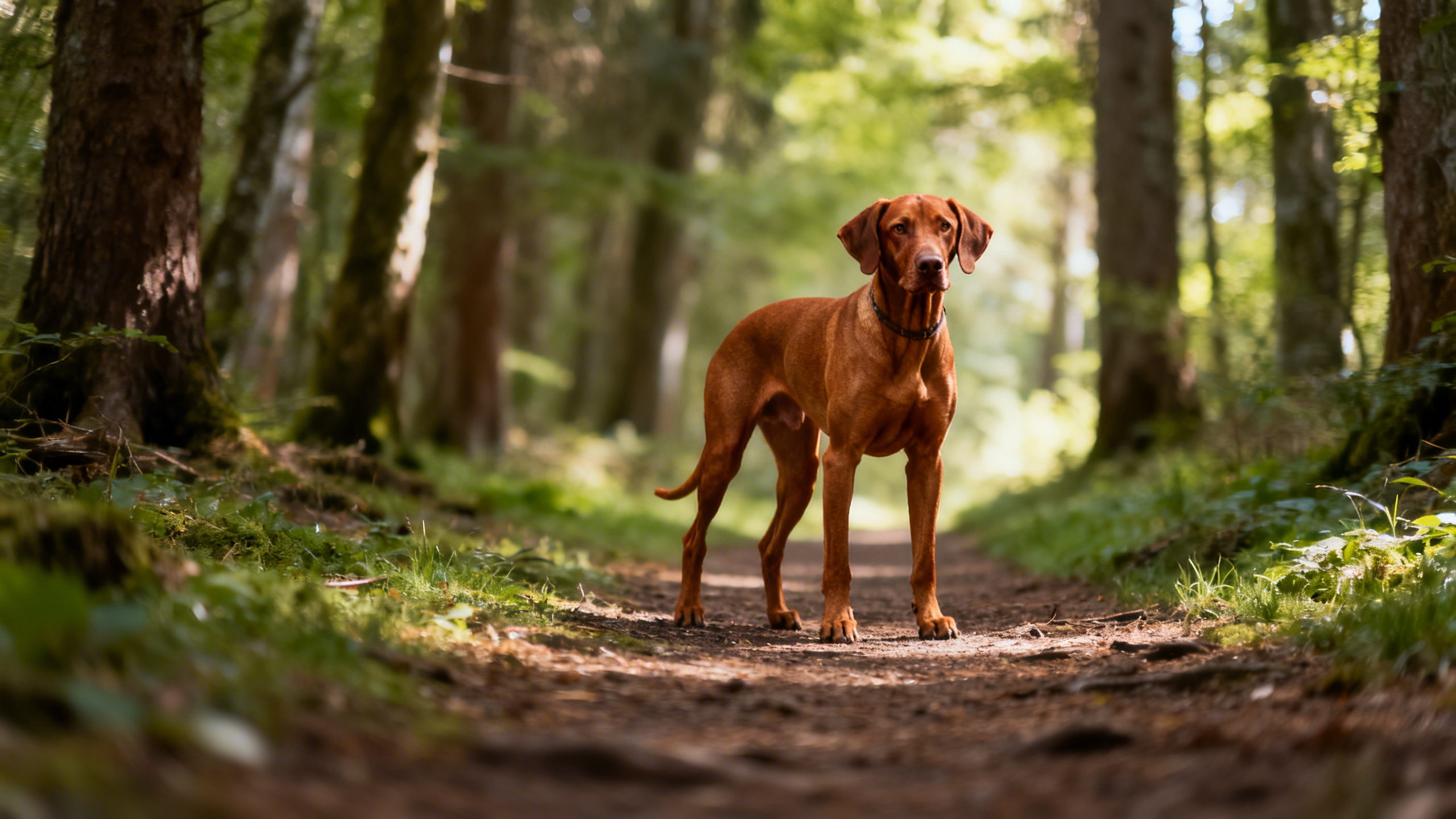 Ein Vizsla Hund im Waldgebiet
