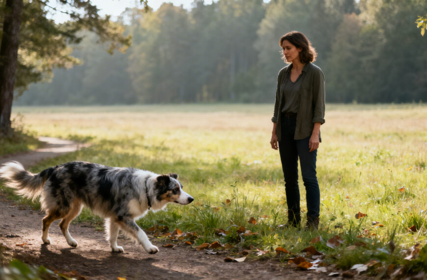 Ein schnüffelnder Hund und eine Frau