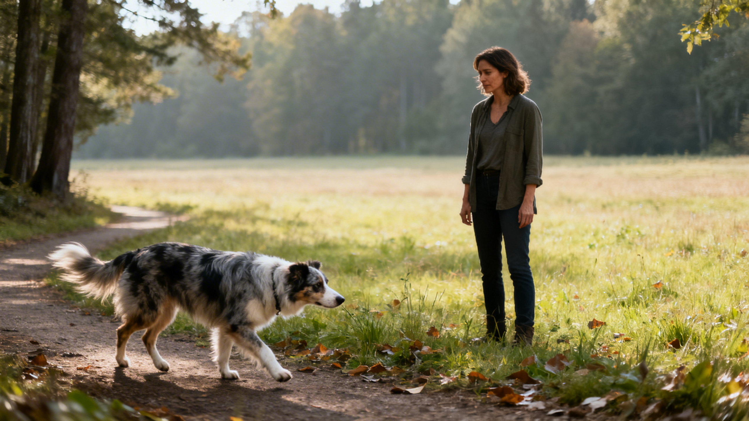 Ein schnüffelnder Hund und eine Frau