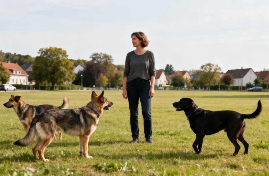 Eine Frau drei Hunde auf einer Wiese