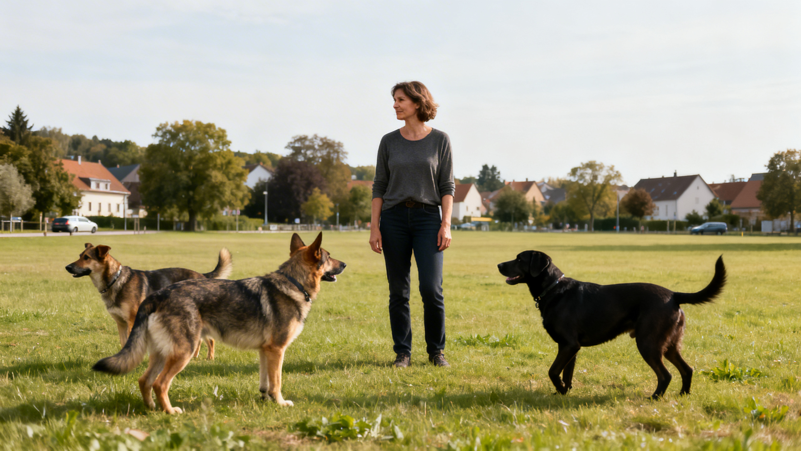 Eine Frau drei Hunde auf einer Wiese