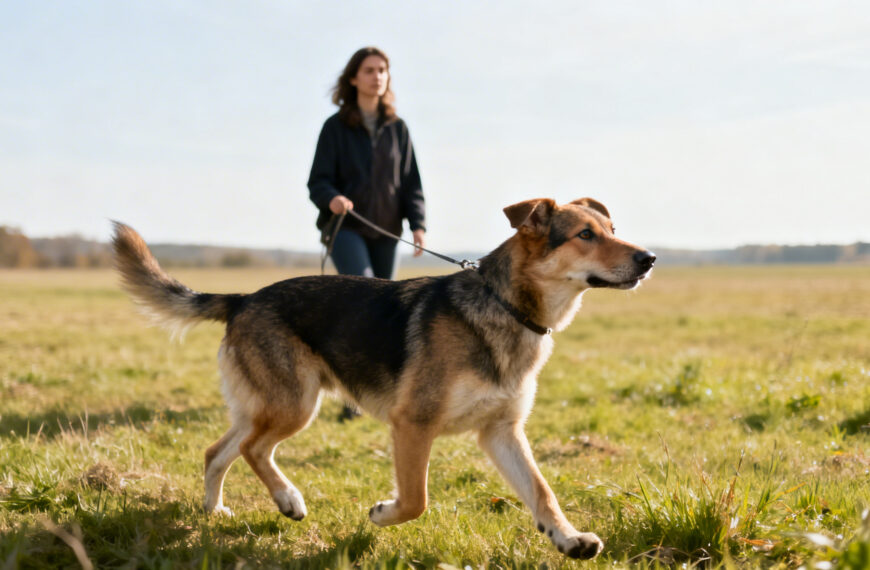 Eine Frau mit einem Hund an der Leine auf einer Wiese
