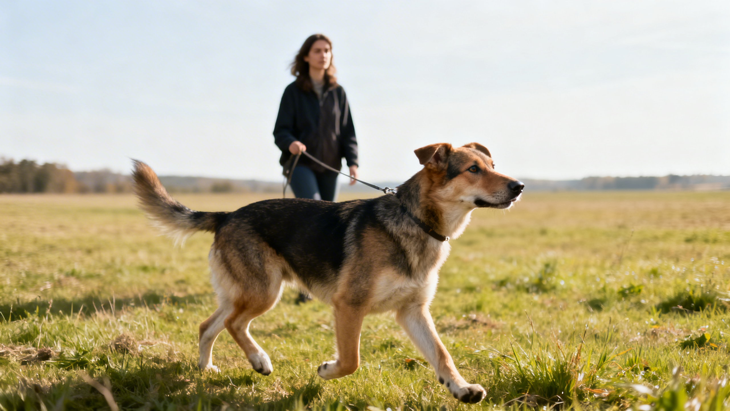 Eine Frau mit einem Hund an der Leine auf einer Wiese