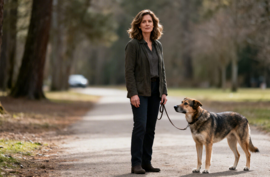Eine Frau mit einem Schäferhund steht auf einem Weg