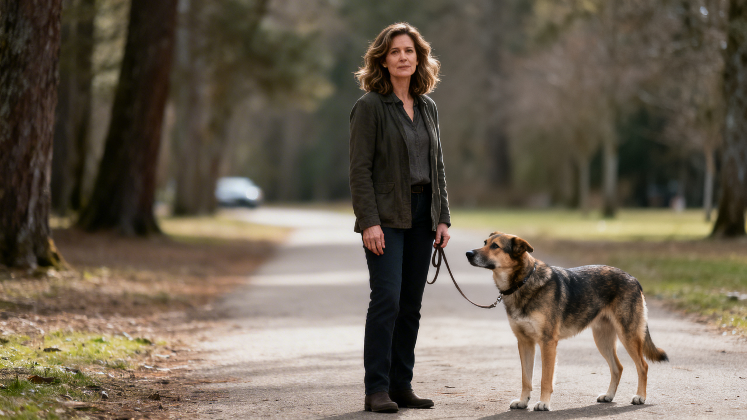 Eine Frau mit einem Schäferhund steht auf einem Weg