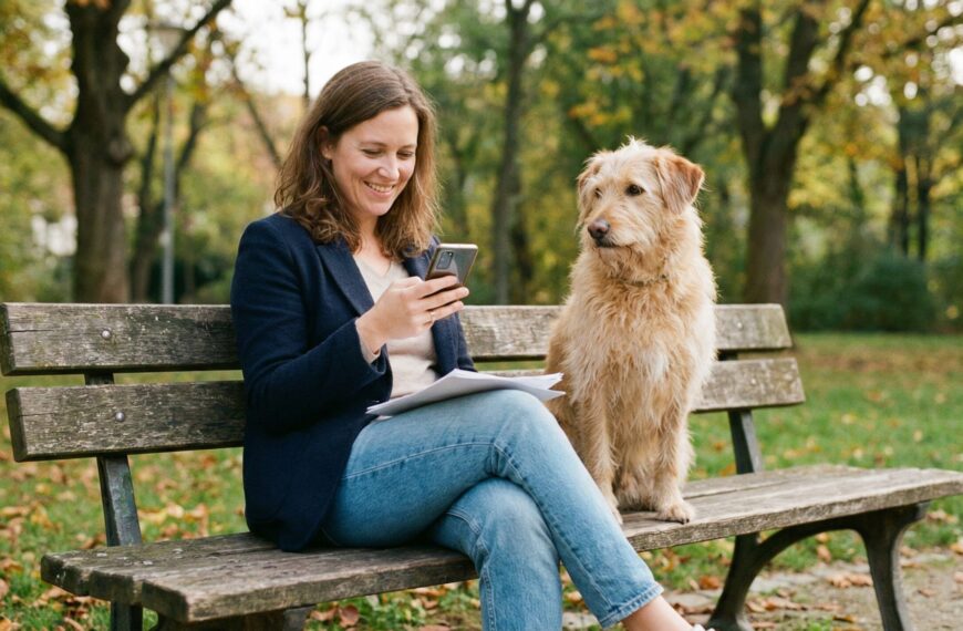 Eine Frau sitzt mit einem Hund auf einer Parkbank