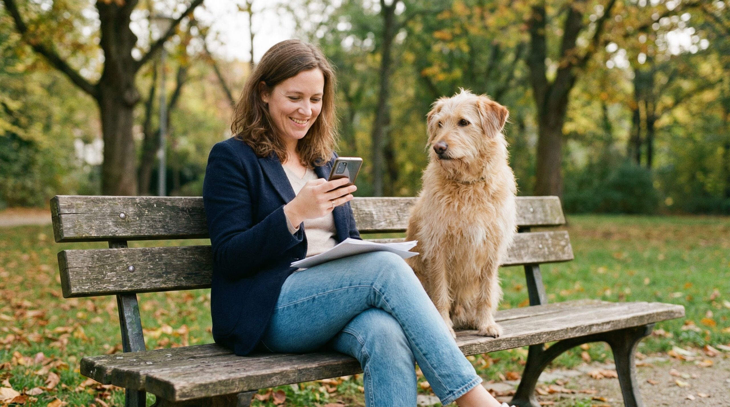Eine Frau sitzt mit einem Hund auf einer Parkbank