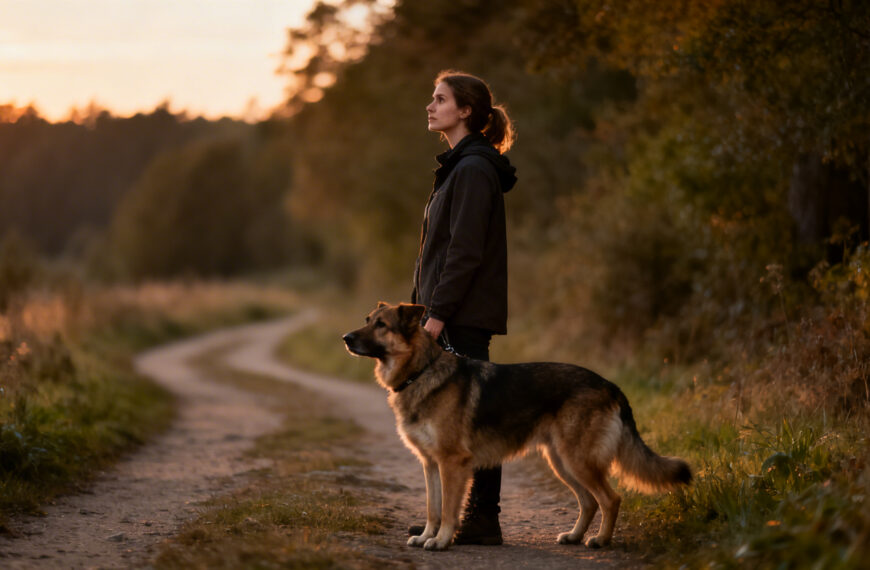 Eine Frau steht mit einem Hund auf einem Feldweg