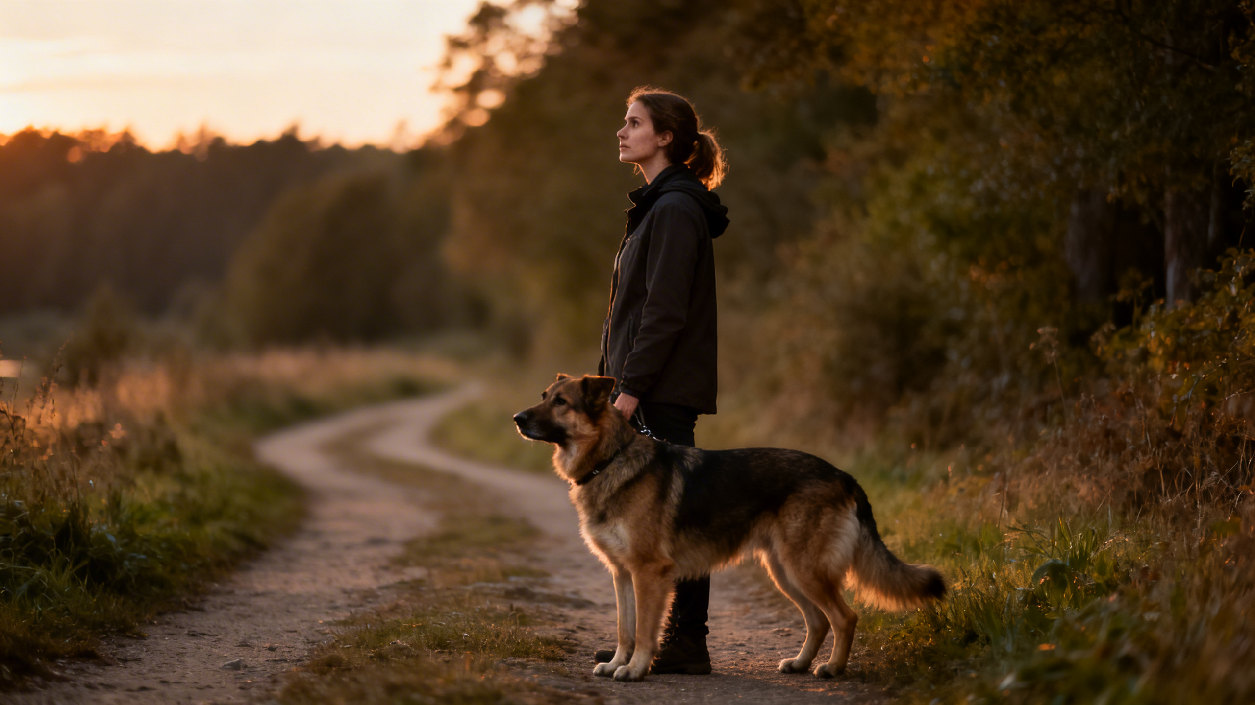 Eine Frau steht mit einem Hund auf einem Feldweg