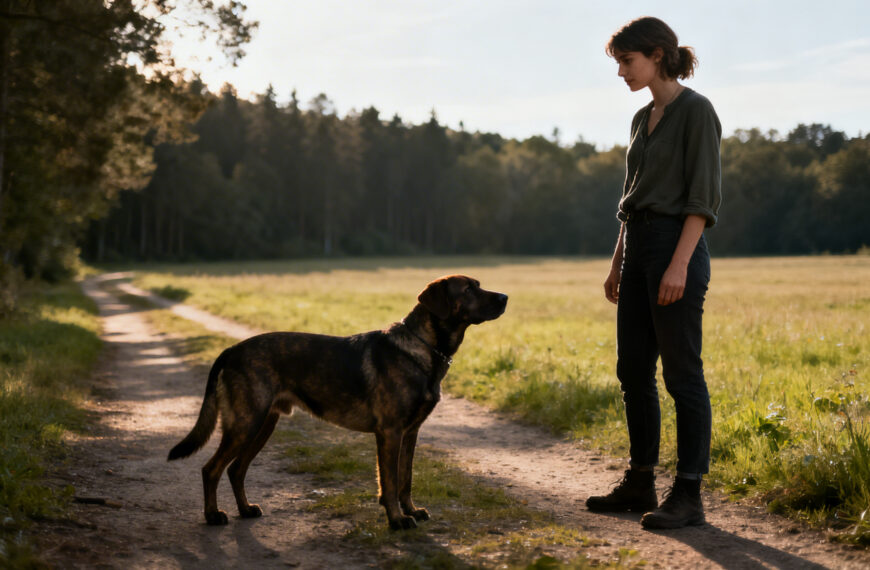 Eine Frau steht vor einem Hund auf einem Feldweg