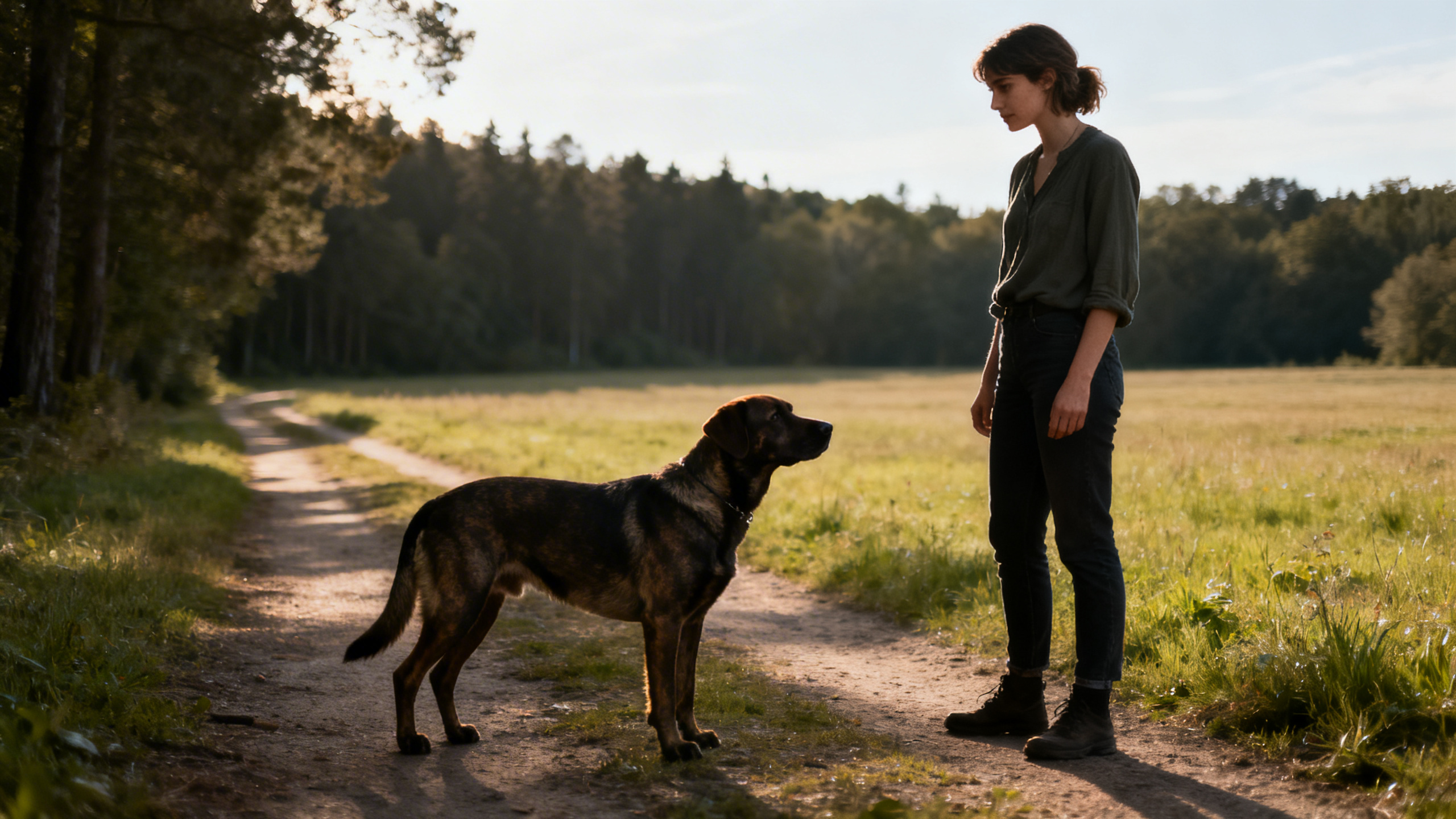 Eine Frau steht vor einem Hund auf einem Feldweg