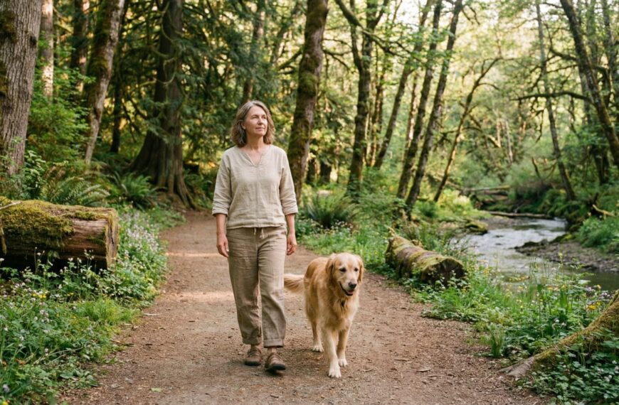 Frau beim Hundespaziergang im Wald