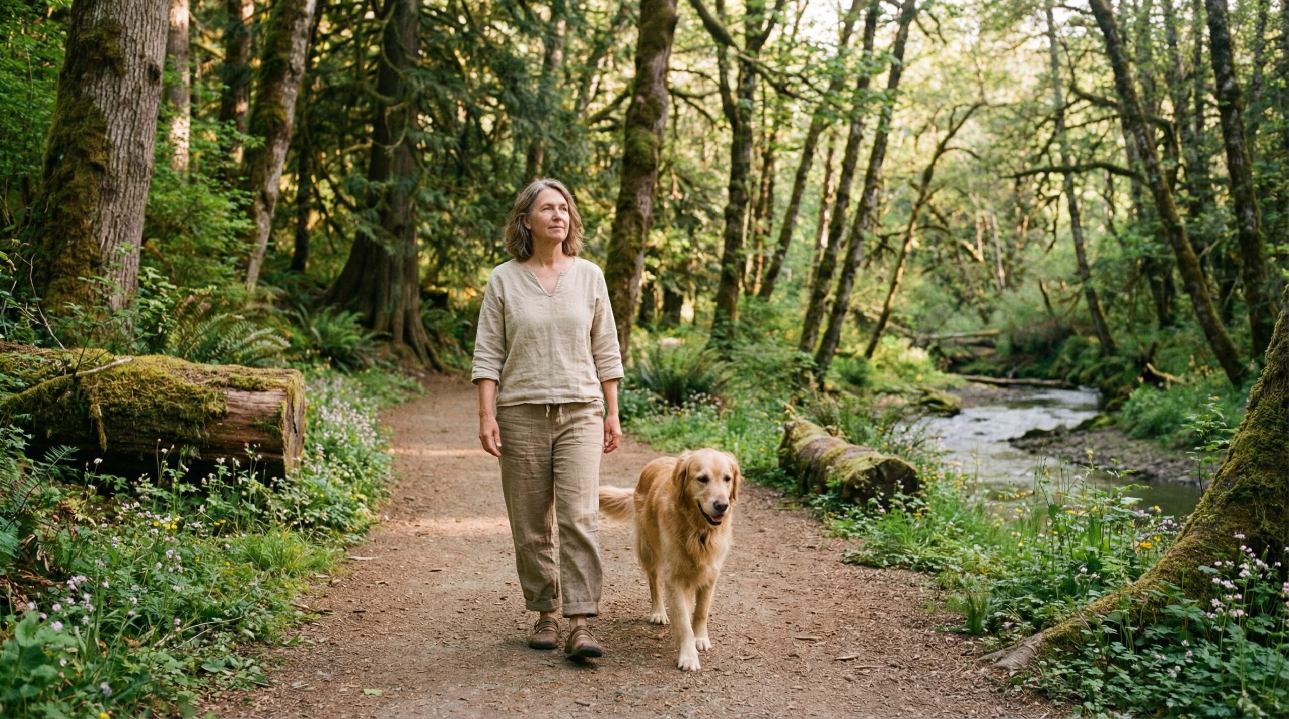 Frau beim Hundespaziergang im Wald