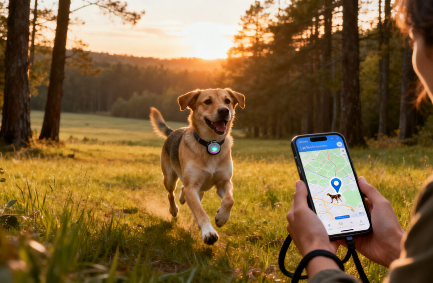 Frau mit GPS-Tracker und Hund am Waldrand