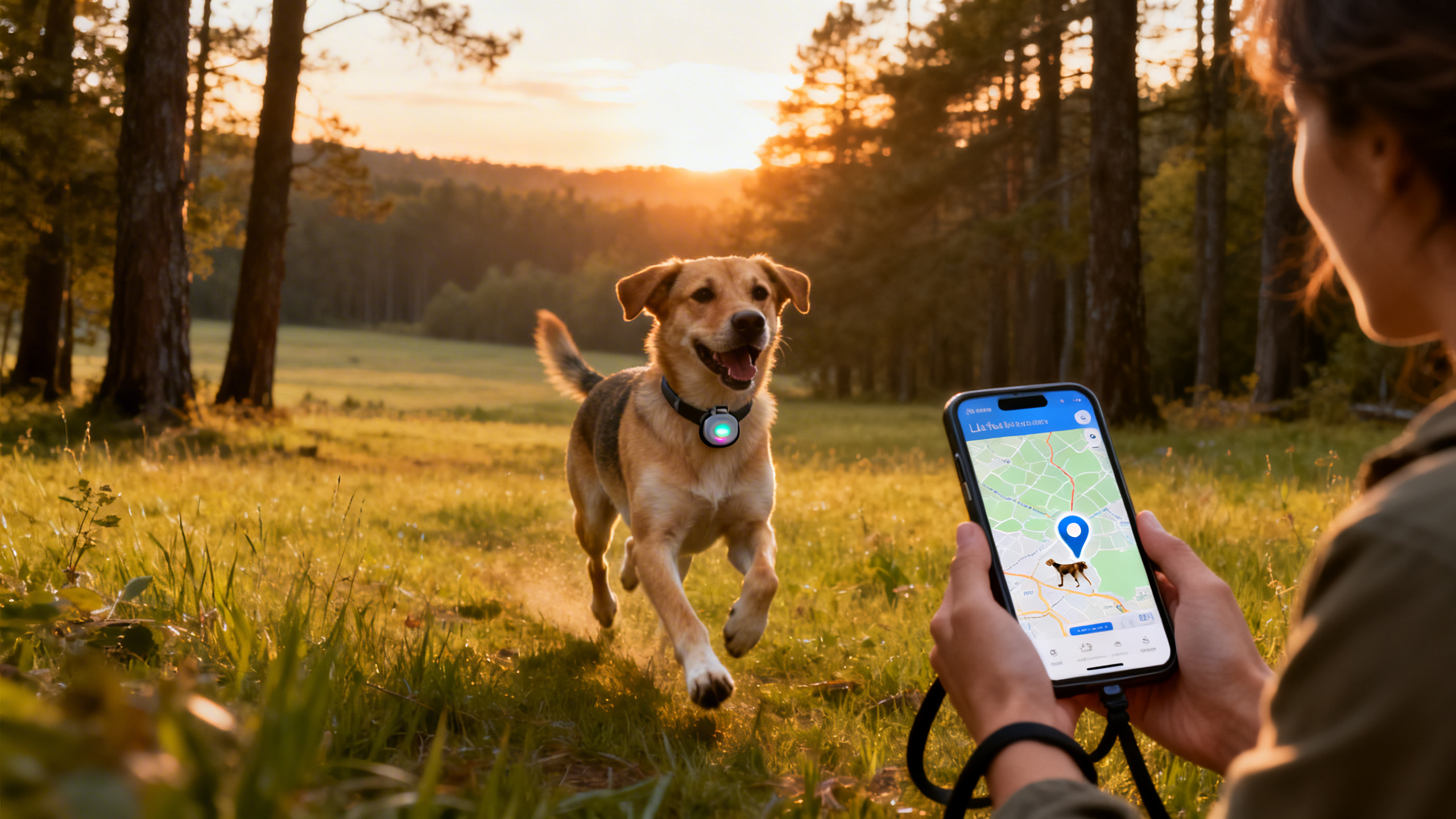 Frau mit GPS-Tracker und Hund am Waldrand