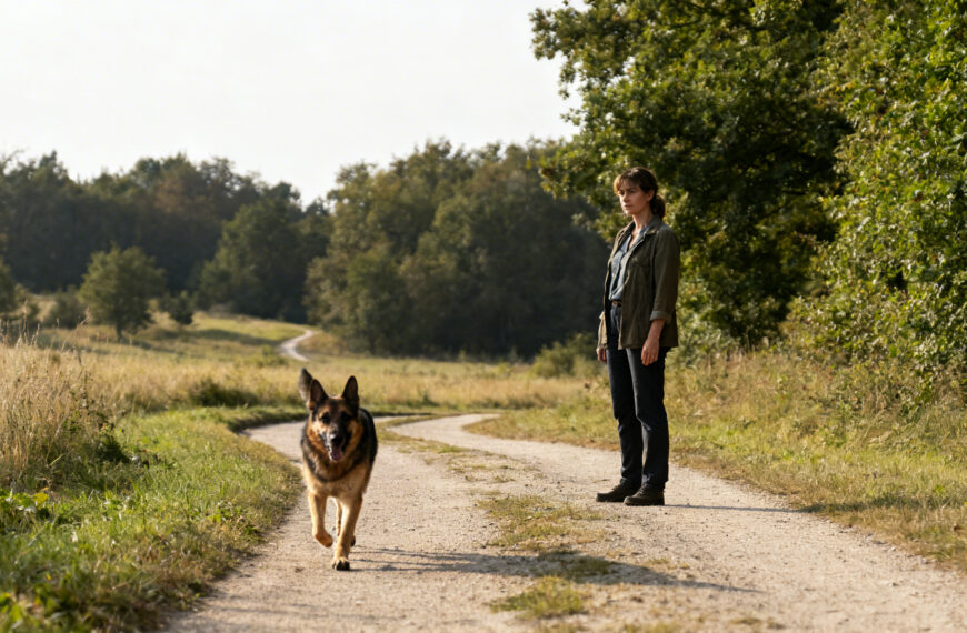 Frau mit Hund bei einem Spaziergang