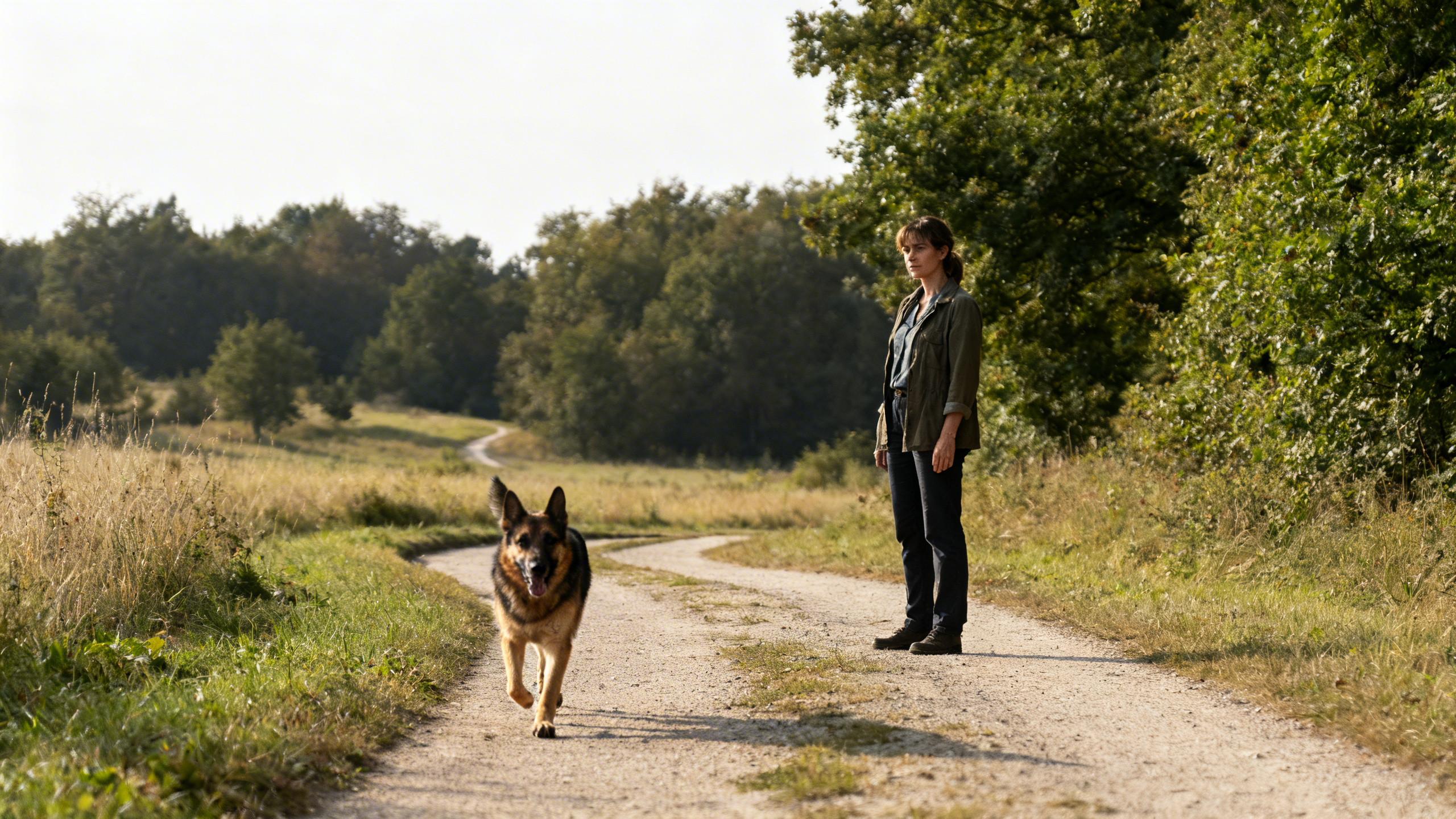 Frau mit Hund bei einem Spaziergang