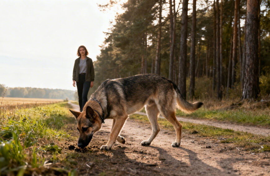 Frau mit einem Hund auf einem Feldweg