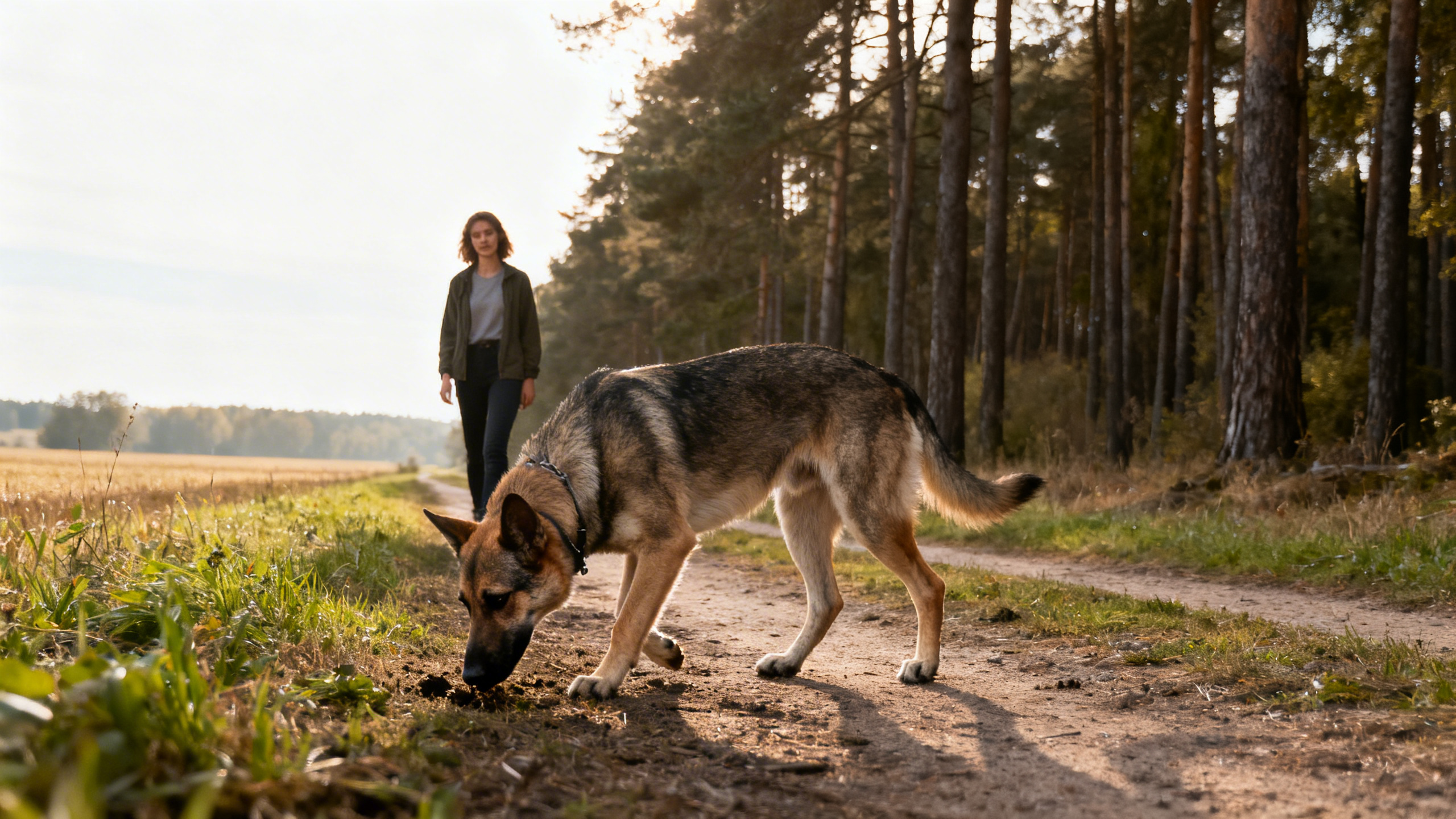 Frau mit einem Hund auf einem Feldweg