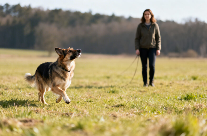 Frau mit einem Hund auf einer Wiese