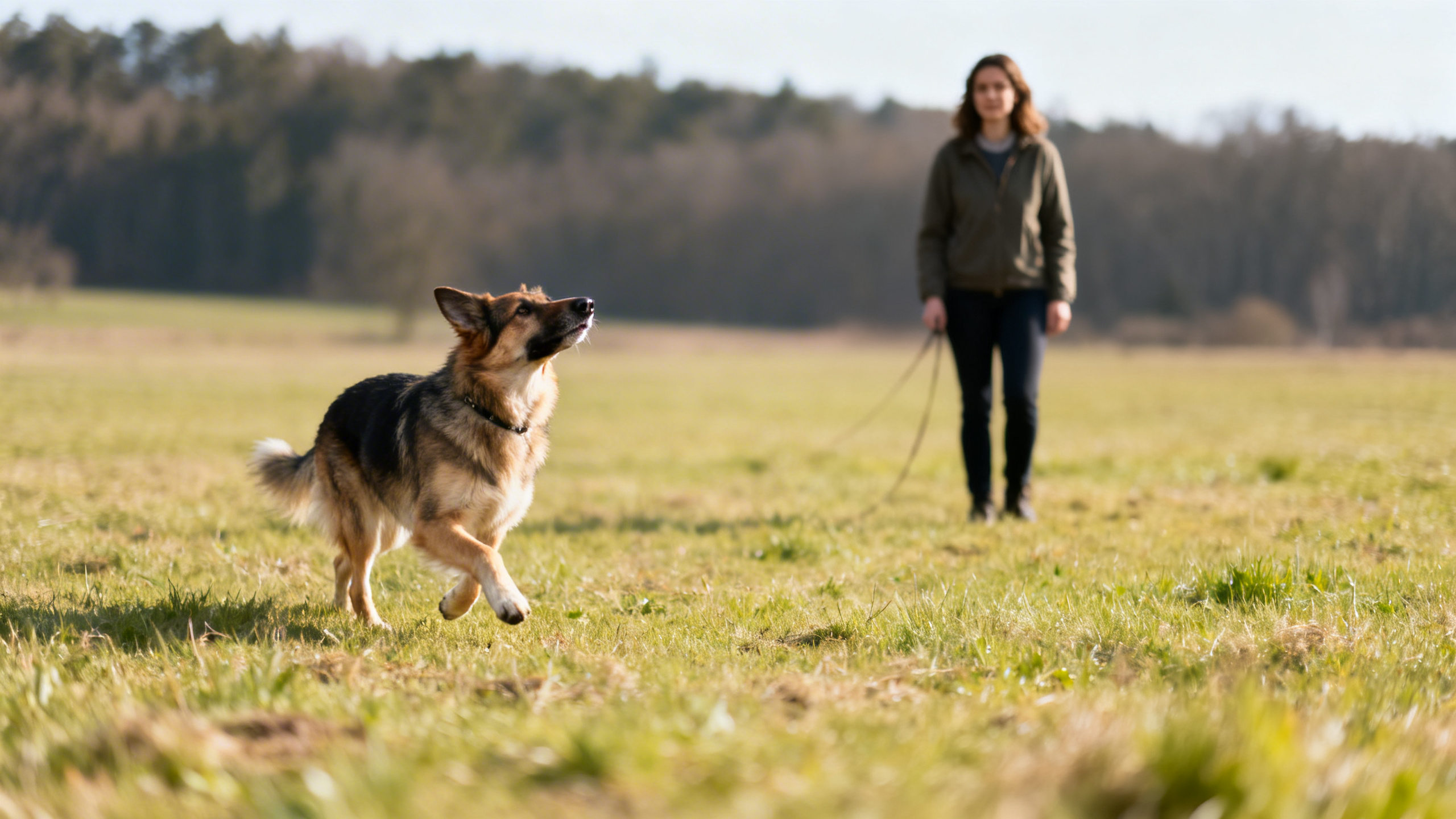 Frau mit einem Hund auf einer Wiese