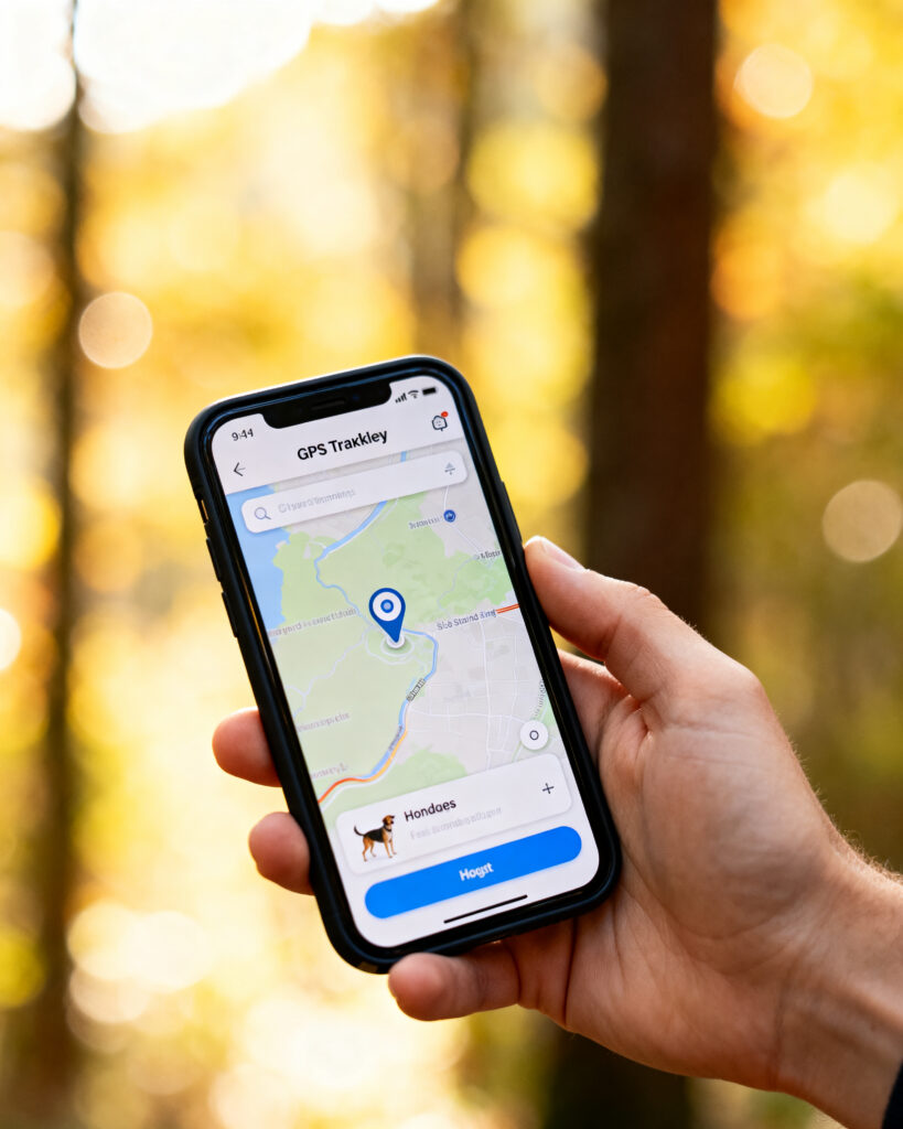 Hand mit Smartphone mit GPS-Tracker Hand mit Smartphone mit GPS-Tracker