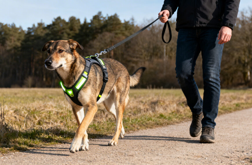 Hund beim Spaziergang mit Hundegeschirr
