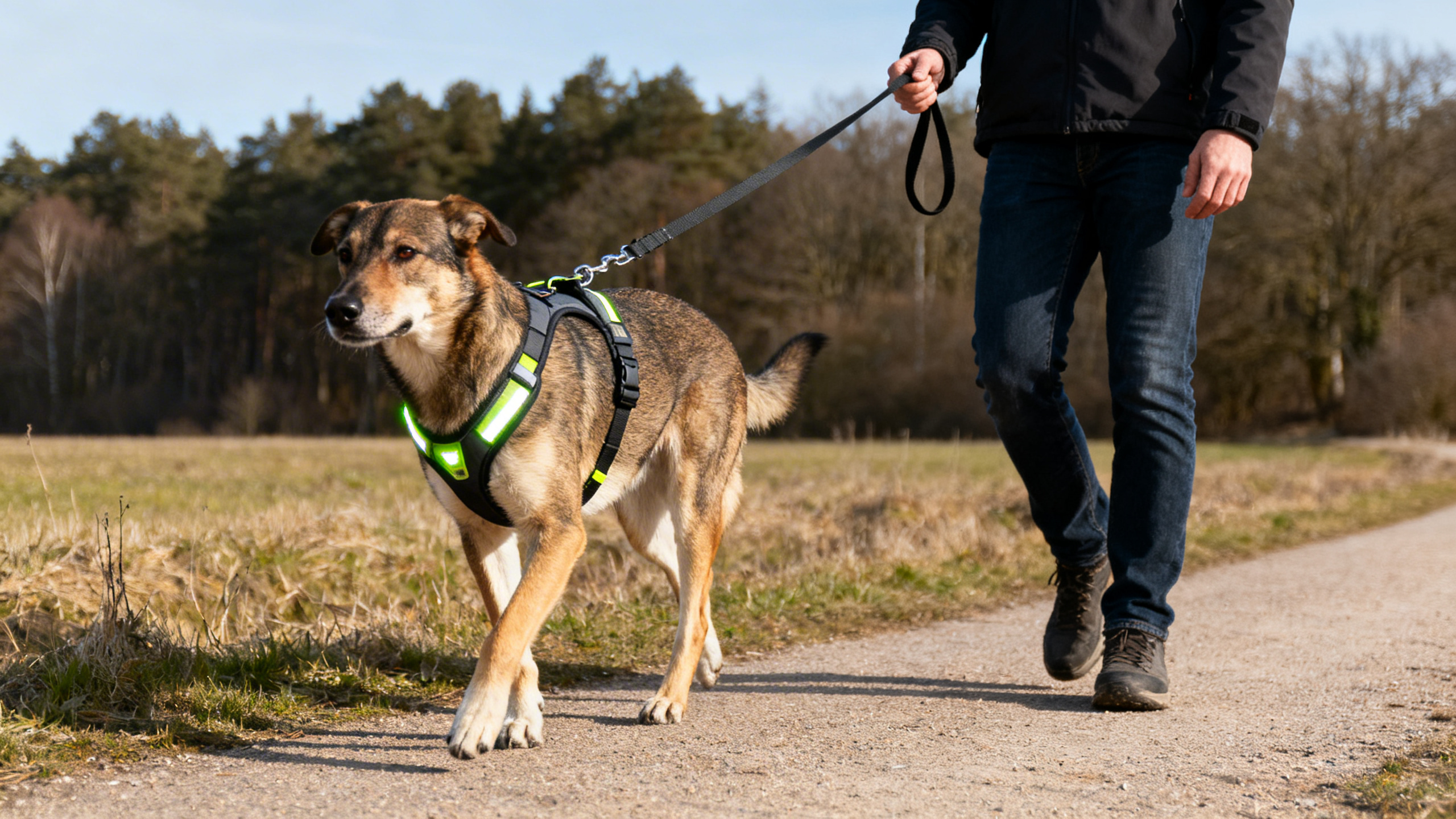 Hund beim Spaziergang mit Hundegeschirr