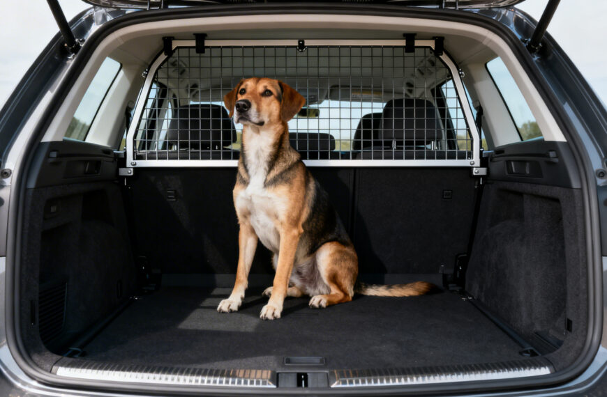Hund im Kofferraum eines Autos mit Hundegitter