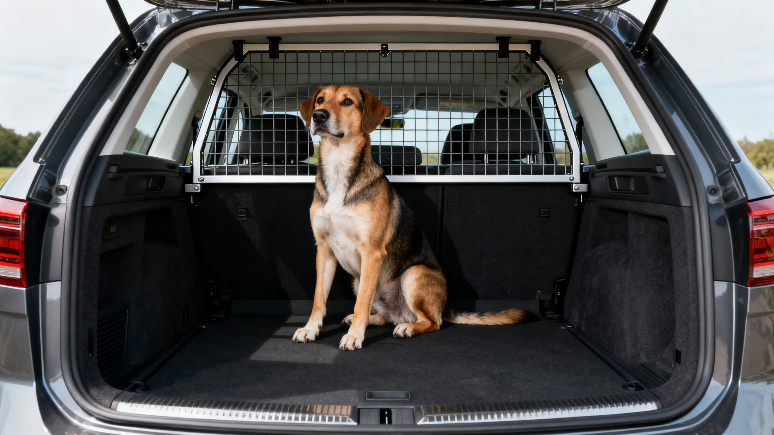 Hund im Kofferraum eines Autos mit Hundegitter