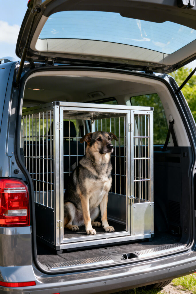 Hund in Hundebox im Auto Hund in Hundebox im Auto