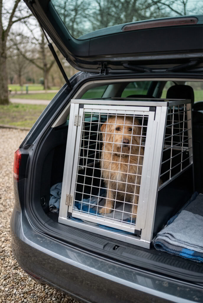 Hund in Hundebox im Kofferraum Hund in Hundebox im Kofferraum