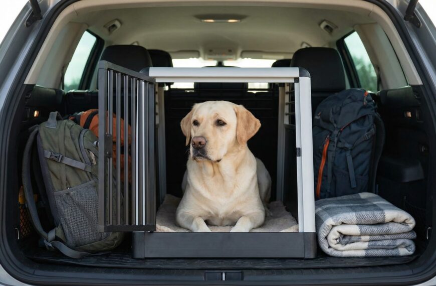 Hund in einer Hundebox im Auto