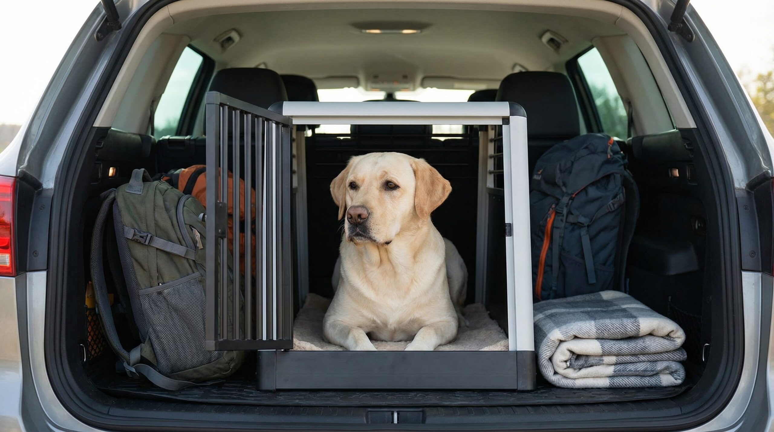 Hund in einer Hundebox im Auto