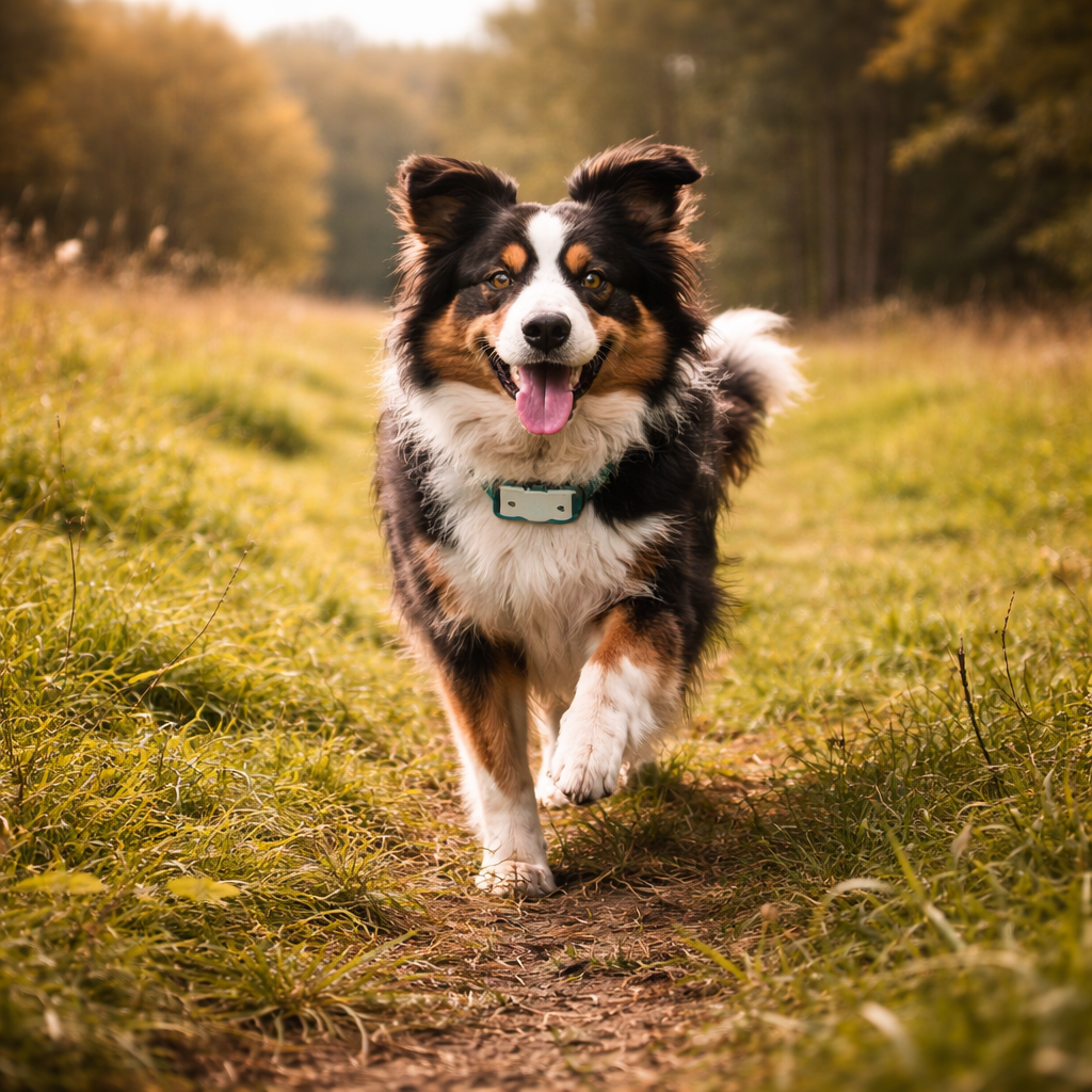 Hund läuft auf einem Trampelpfad Hund läuft auf einem Trampelpfad