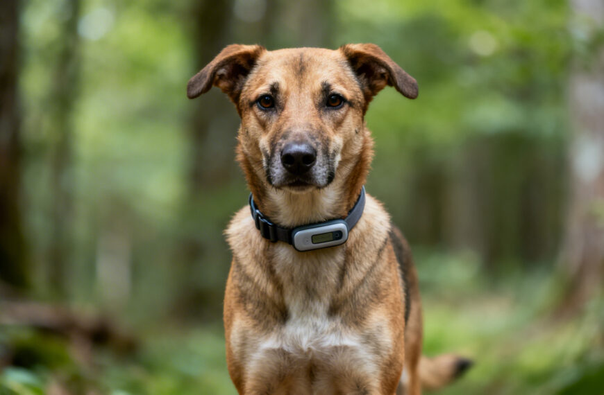 Hund mit GPS-Tracker im Wald