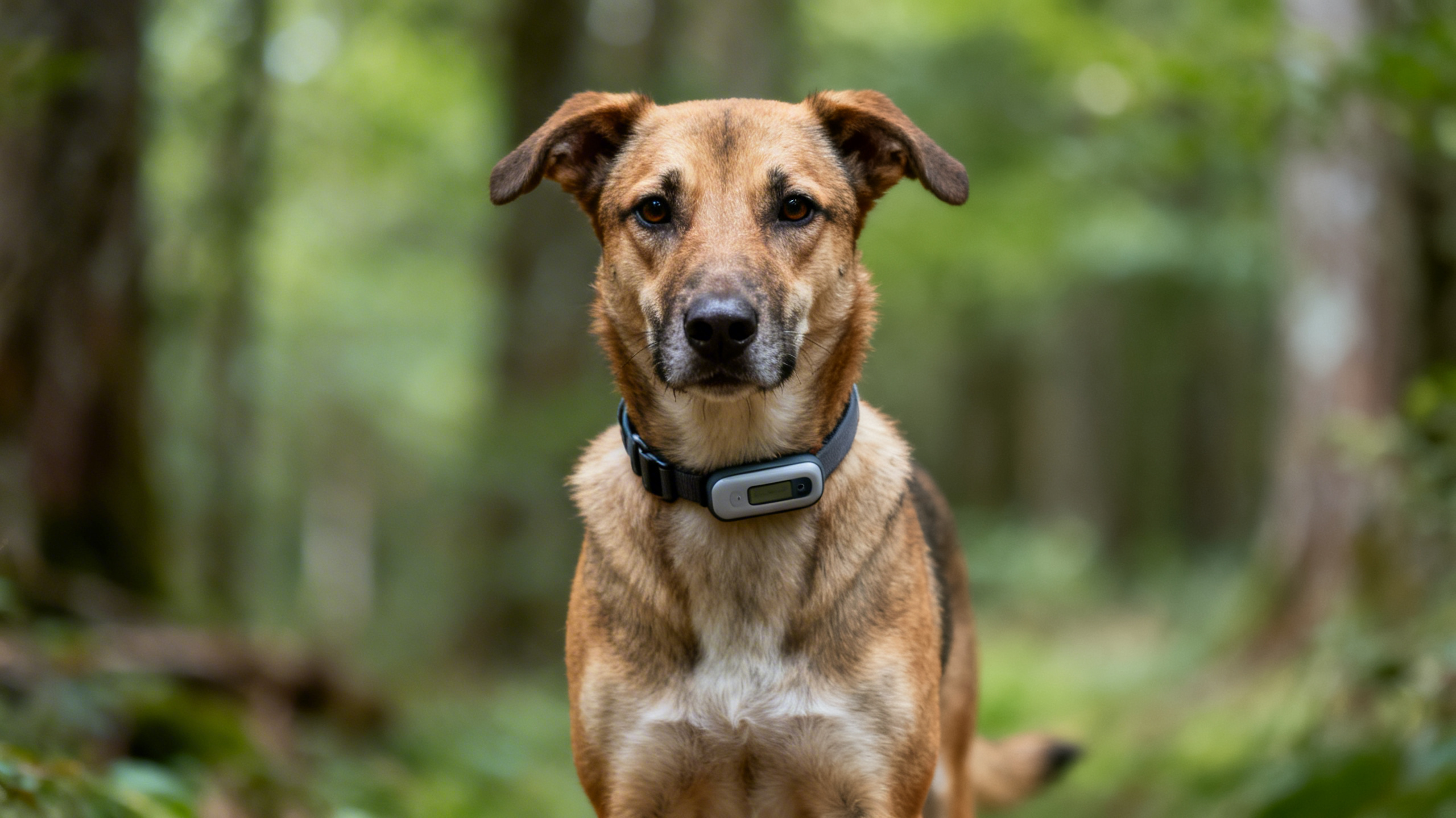 Hund mit GPS-Tracker im Wald