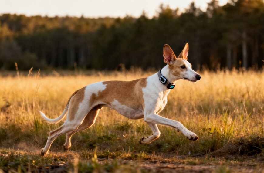 Hund mit GPS-Tracker rennt auf einer Wiese